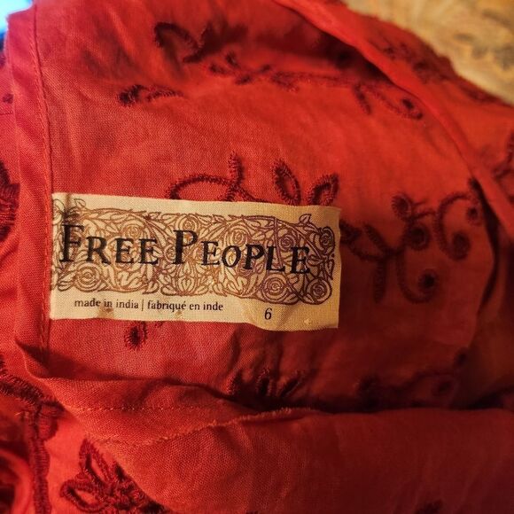 Free people women's red embroidered bodice ruched waist mini fit & flare dress 6 - Picture 6 of 10